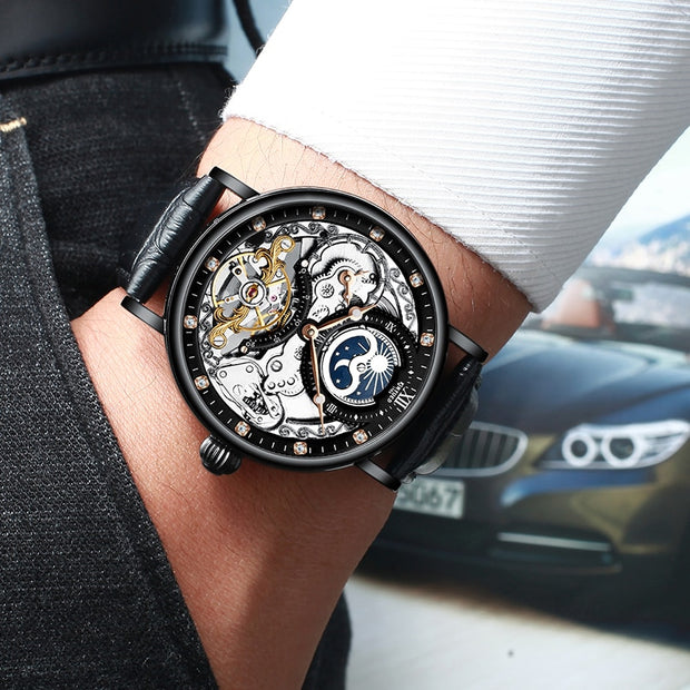KINYUED Automatic Watch with Moon Phase Luxury Steampunk Men Mechanical Watches