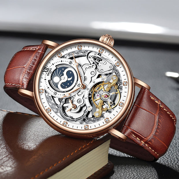 KINYUED Automatic Watch with Moon Phase Luxury Steampunk Men Mechanical Watches